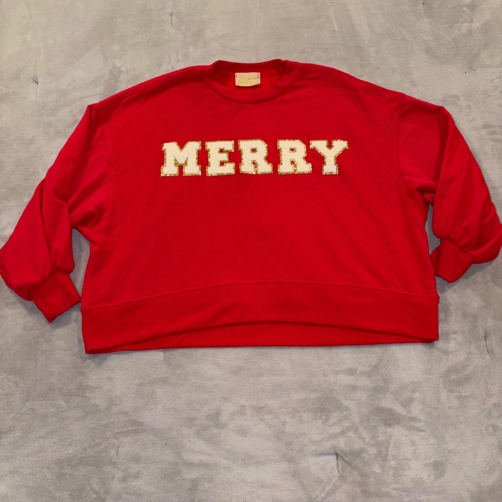 Judith March Womens Red Merry Chenille Patch Christmas Sweatshirt Small Holiday